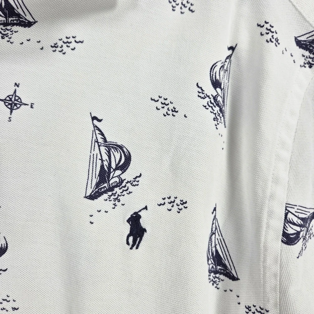 Ralph Lauren Knit Oxford Mens XLT‎ Sailboat Print White Cotton Polo Preppy Yacht
